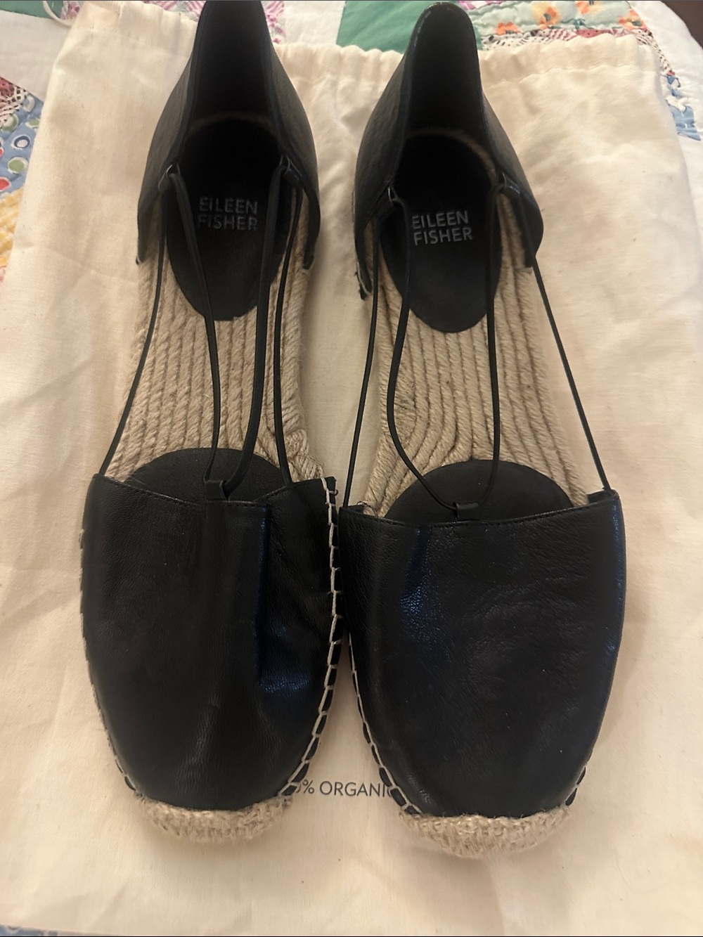 Eileen Fisher Black Leather Espadrille Sandals with Ankle Lace